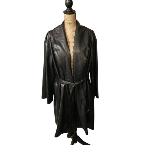 Kenneth Cole Faux Leather Belted Trench Coat - Picture 1 of 8